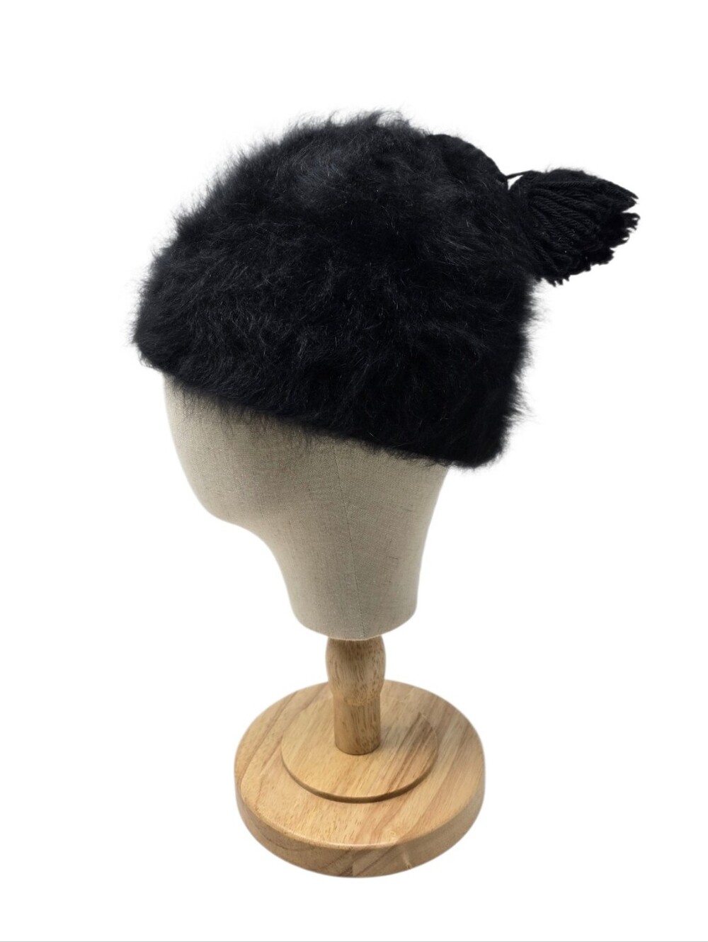 Vintage Darn Fine Hats Handcrafted Angora Wool Beanie With Tassel Pom Pom Black - Picture 5 of 11